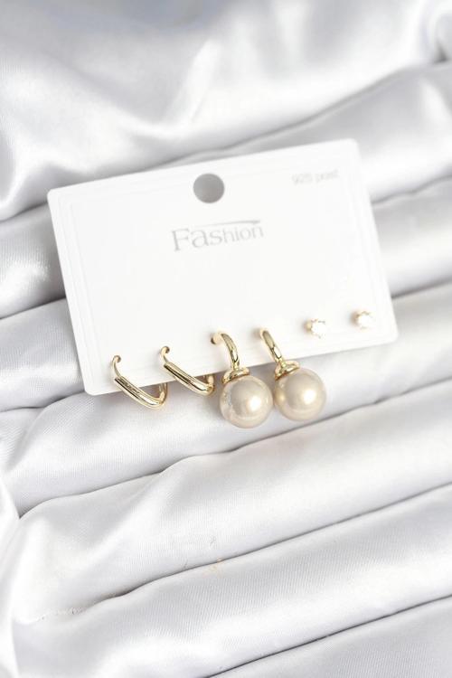 BFS Pirinç Gold Renk İnci Detaylı 925 Gümüş Çivili Kadın Küpe Seti