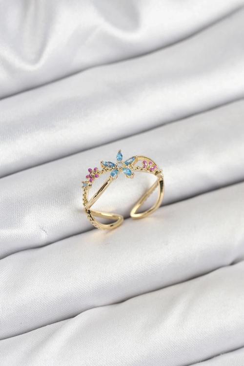 BFS Pirinç Gold Renk Zirkon Taşlı Mavi Çiçekli Kadın Yüzük