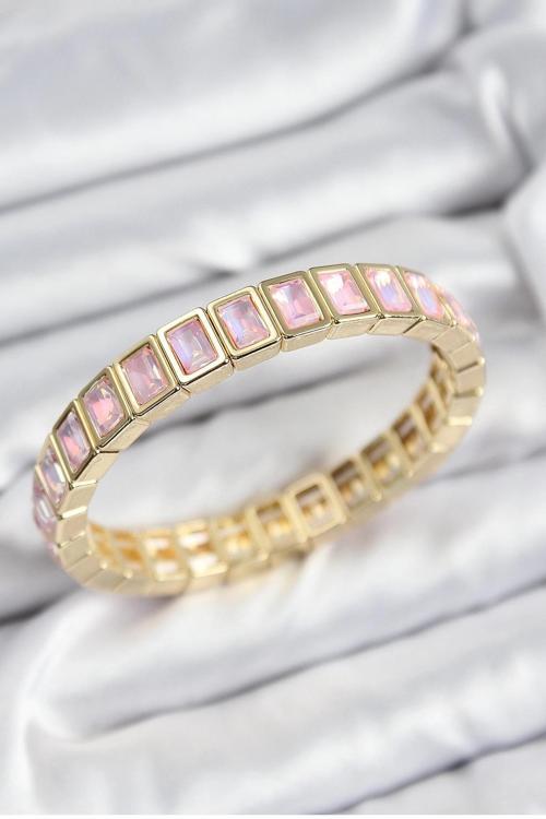 BFS Pirinç Pembe Zirkon Taşlı Dikdörtgen Model Gold Renk Lastikli Kadın Bileklik