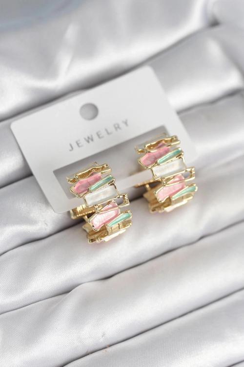 BFS Mineli Karışık Renkli Gold Pirinç Kadın Küpe