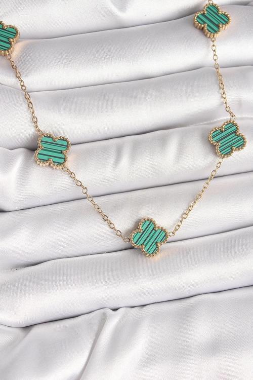 BFS 316L Çelik Gold Renk Zincir Yeşil Yonca Model Kadın Kolye