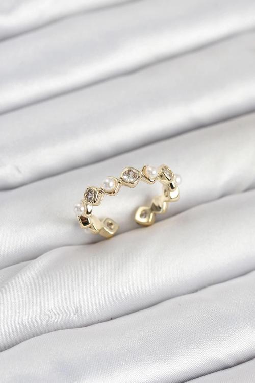 BFS Pirinç Gold Renk Zirkon Taşlı İncili Kadın Yüzük