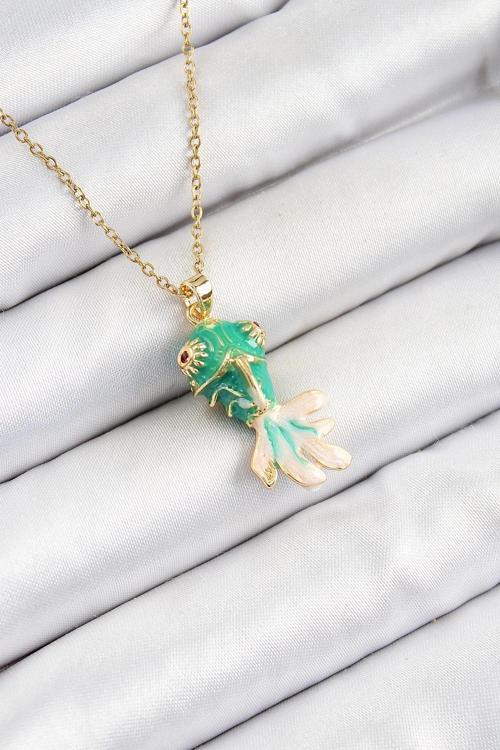 BFS 316L Çelik Zincir Yeşil Balık Model Gold Renk Kadın Kolye