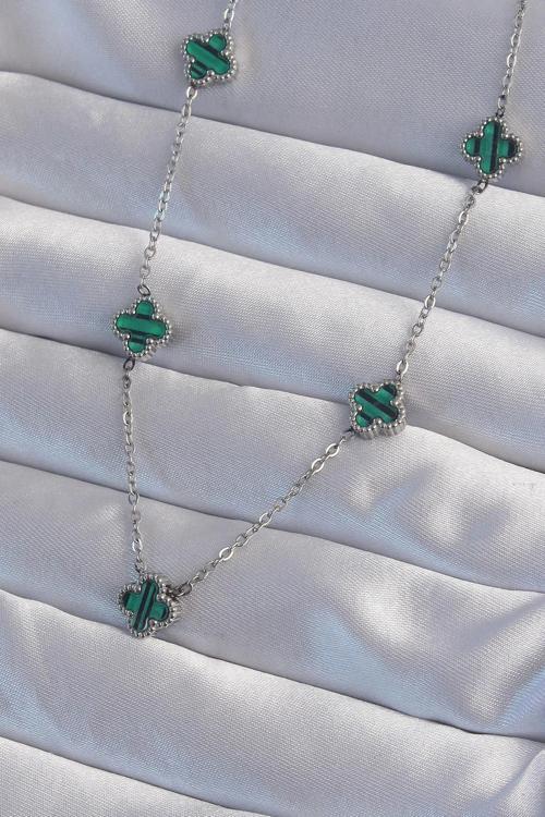 BFS 316L Çelik Gümüş Renk Minimal Yeşil Mineli Yonca Kolye