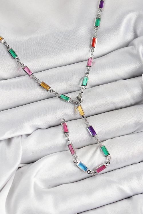 BFS Pirinç Renkli Zirkon Taşlı Dikdörtgen Model Gümüş Renk Kadın Y Kolye