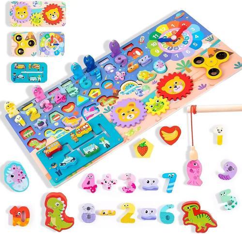 Montessori 8 Fonksiyonlu Ahşap Eğitici Logaritmik Sayı ve Şekil Oyuncak Seti + Balık Tutma Oyunu