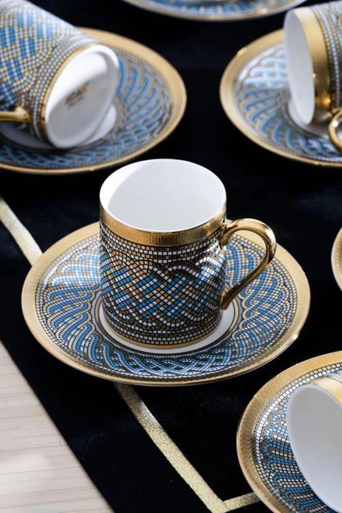 HXF8435 Gold-Mavi Desenli Porselen Kahve Seti 6'lı