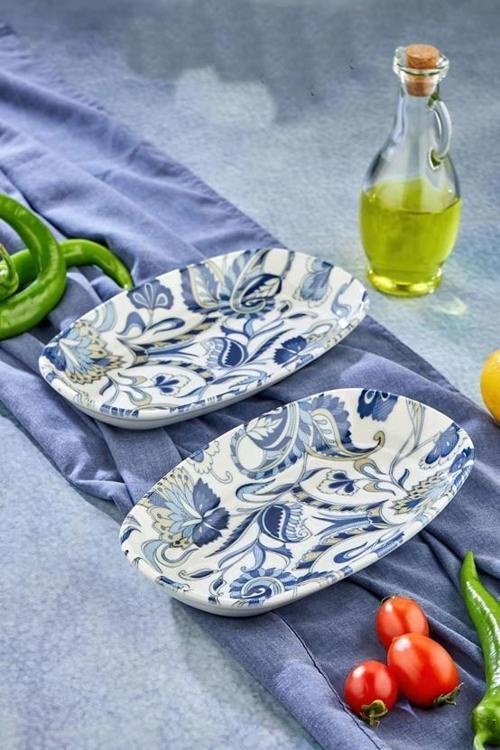 Cooker CKR4242 Mavi Desenli Beyaz Porselen Kayık Tabak 24.5 cm 2'li