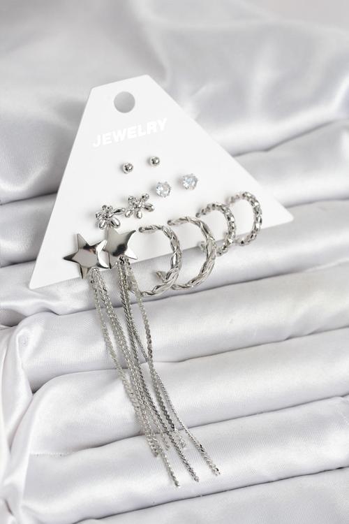 Zarif Kulaklar için 6ÇİFT Silver Pirinç Design Kadın Küpe Seti