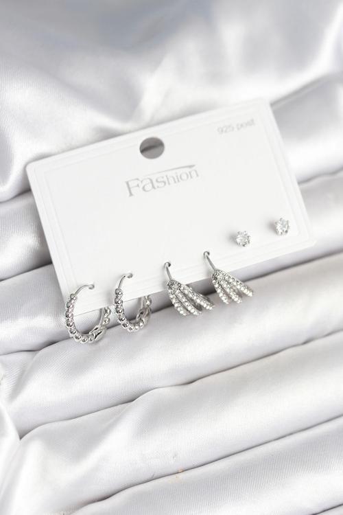 Zarif Kulaklar için Silver Pirinç Zirkonlu 925 Silver Çivili Kadın Küpe Seti