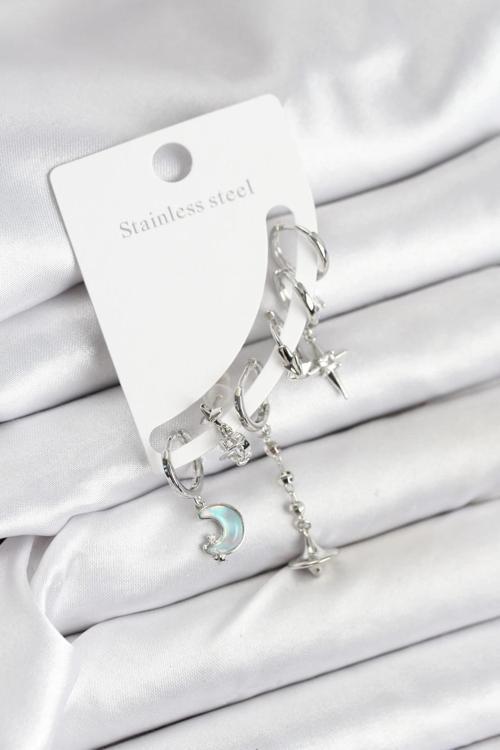 Pirinç Gümüş Renk Ay Model Kadın Set Küpe