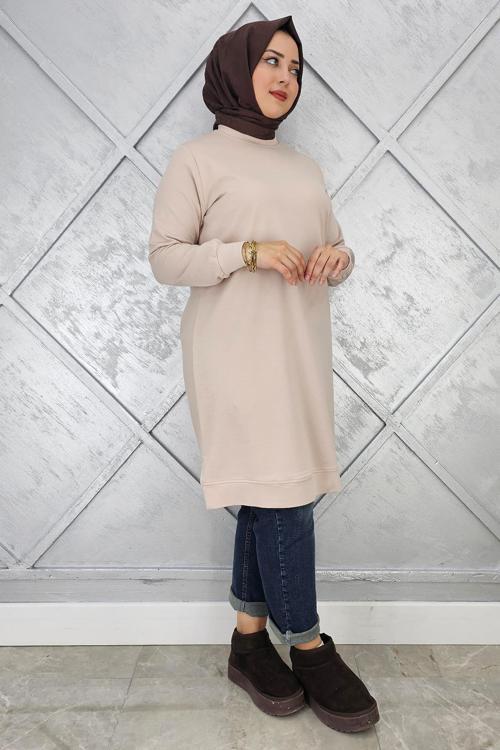 KADIN ETİKET DETAYLI TAKMA KOL TESETTÜR TUNİK