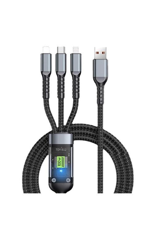 3in1 100w Hızlı Şarj Ve Data Kablosu, 1.2m Halat Örgü Kırılmaz Uç, Usb-c Lightning Micro Uyumlu, Day
