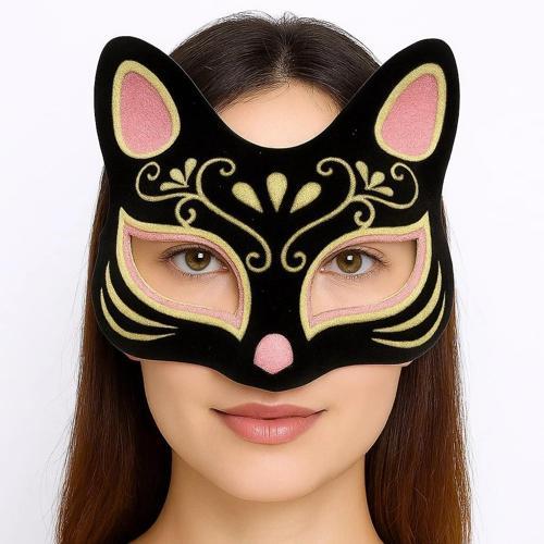 Siyah Renk Süet Kaplama Üzeri Pembe Sarı Simli Kedi Maskesi 17x14 Cm