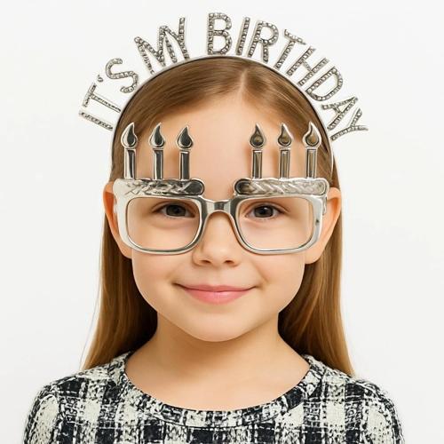 İt&#39;s My Birthday Yazılı Taç Ve Mum Şekilli Gözlük Seti Gümüş Renk