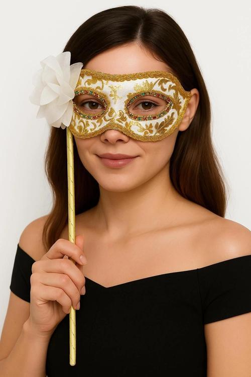 Lüks Taşlı Saplı Maskeli Balo Maskesi Beyaz Renk 35 Cm