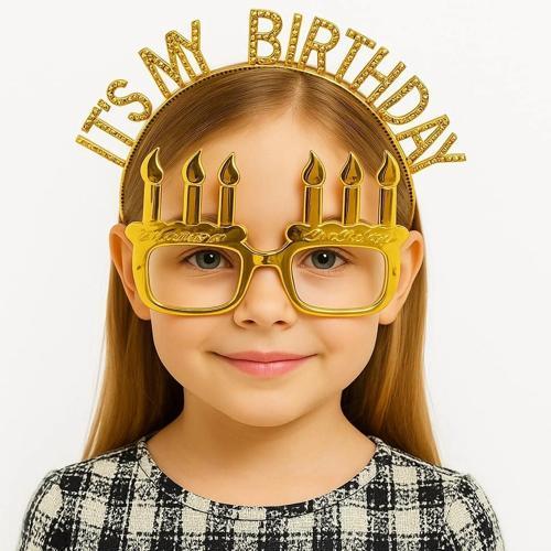 İt&#39;s My Birthday Yazılı Taç Ve Mum Şekilli Gözlük Seti Altın Renk