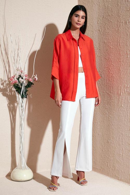Truvakar Kol % 100 Pamuk Oversize Bayan Gömlek 514344010 L ORANGE