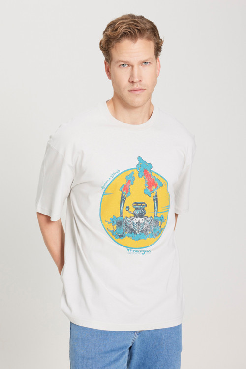 Pamuklu Loose Fit Baskılı Bisiklet Yaka Erkek T Shirt W231237 811 TAŞ