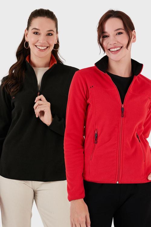 Slim Fit Yumuşak Dokulu Anti-Pilling Tüylenme Yapmayan 2'li Paket Bayan Polar 590700200S2 SİYAH-KIRMIZI