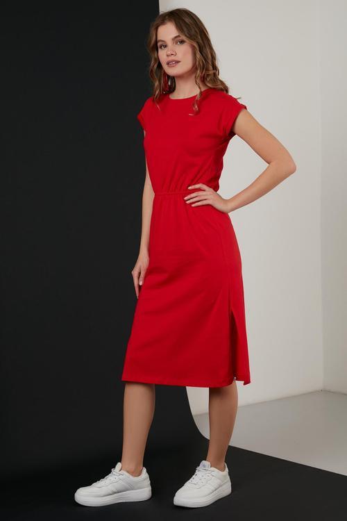 Pamuklu Kısa Kollu Çift Yırtmaçlı Midi Bayan Elbise 5864205 KIRMIZI