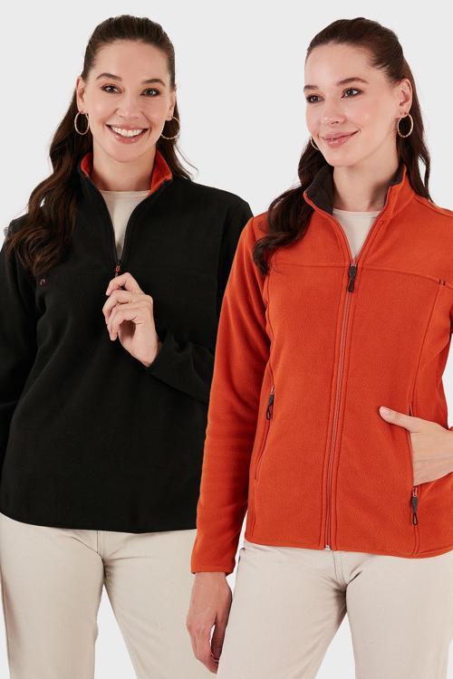 Slim Fit Yumuşak Dokulu Anti-Pilling Tüylenme Yapmayan 2'li Paket Bayan Polar 590700200S2 SİYAH-ORANGE