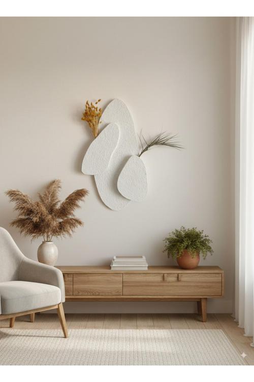 İskandinav 3 Boyutlu Beton Görünümlü Duvar Dekoru/Bohem 2'Li Duvar Vazolu Dekor