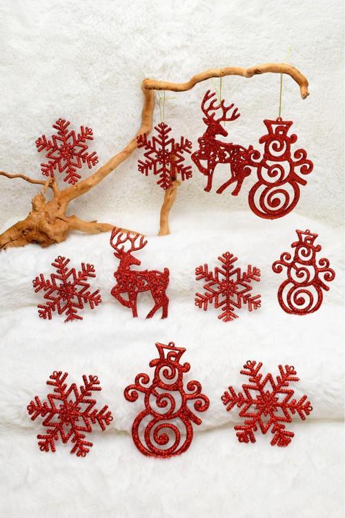 11 Li Simli Süs Kırmızı Yılbaşı Çam Ağacı Süsü 13 Cm