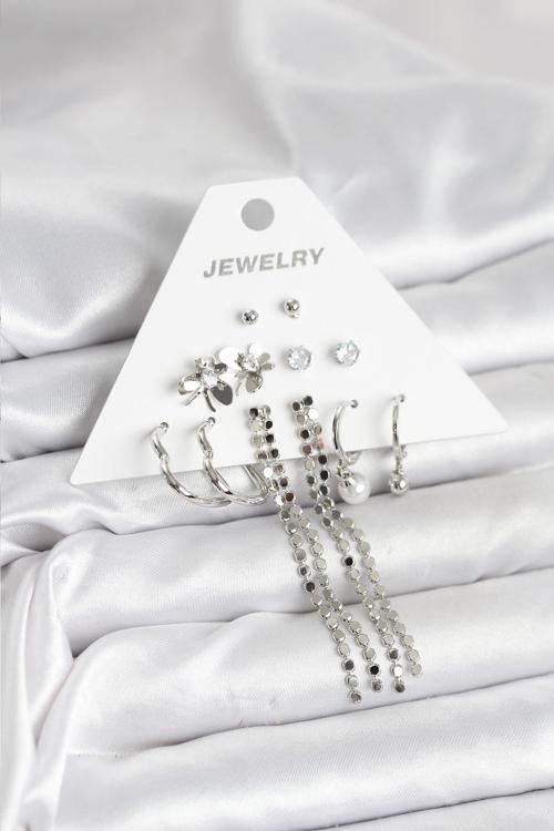 Zarif Kulaklar için 6ÇİFT Silver Pirinç Tasarım Kadın Küpe Seti