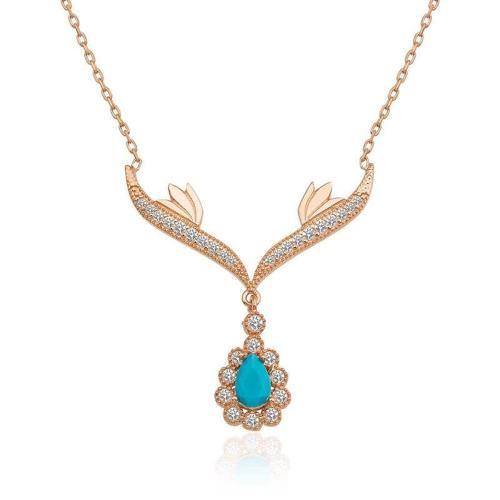Gümüş Rose Turkuaz Taşlı Madalyon Bayan Kolye