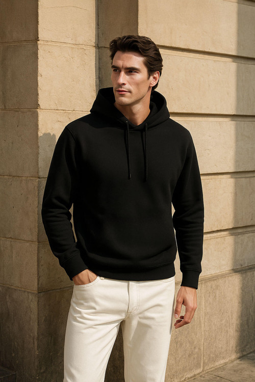 Erkek Kapüşonlu İçi Polarlı Siyah Sweatshirt