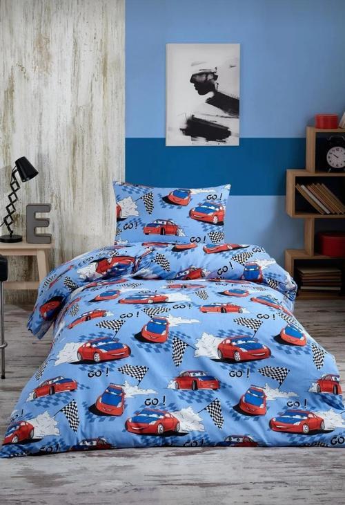 Renkli Baskılı Mavi tek kişilik Nevresim Seti çarşaflı arabalar