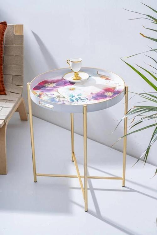 FLK7980 Çiçek Desenli Çıkarılabilir Tepsili Sehpa