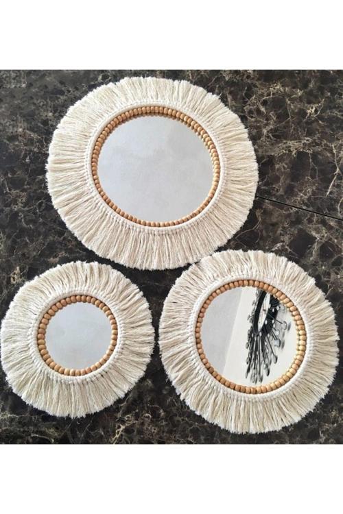 Boho Aynası Yumuşak Makrome Ayna Beyaz Duvar Dekoru 3'Lü Set