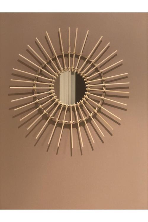 Bambu Çubuklu Dekoratif Ayna Rafya