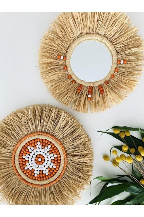 El Yapımı Rafya Duvar Süsü Rafya Ayna Dekoratif Ayna Balkon Mobilyası Duvar Rafı Kahve Köşesi