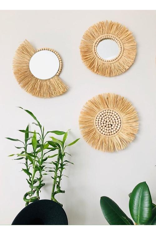 Dekoratif Üçlü Bohem Ayna Seti Rafya Ayna Hasır Pano Duvar Süsü El Yapımı Ayna