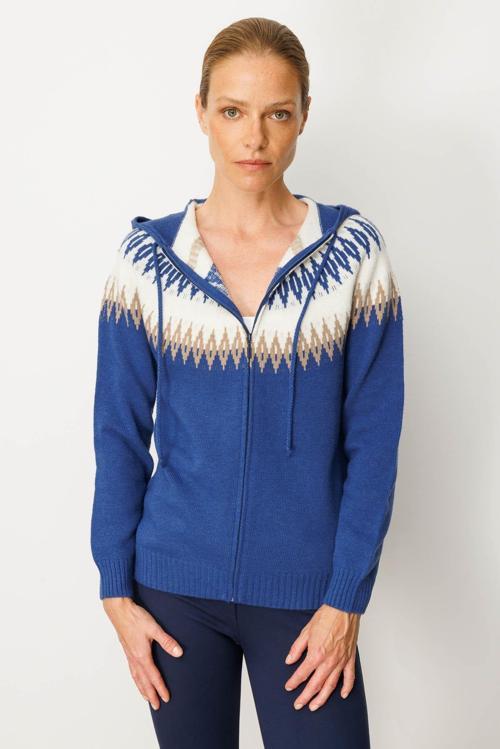 Kadın Kapüşonlu Robası Baklavalı Hırka 25230 Mavi