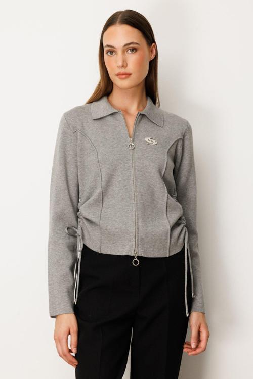 Kadın Yanları Büzgü Detaylı Fermuarlı Hırka 63923 Gri