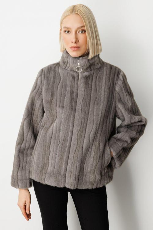 Kadın Çizgili Peluş Mont 8009 Antrasit