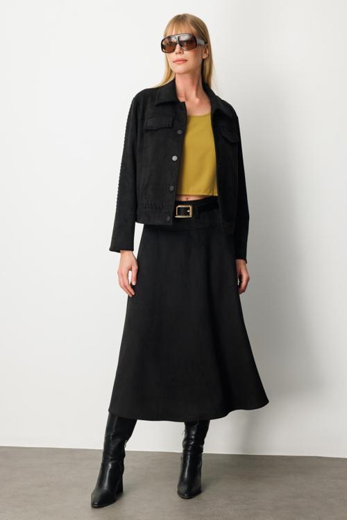 Kadın Çıtçıtlı Süet Mont 8015 Siyah