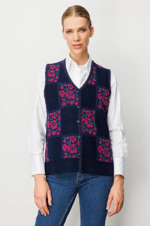 Kadın Pıtırcık Çiçekli Patchwork Keçe Yün Yelek 24084 Sıklamen