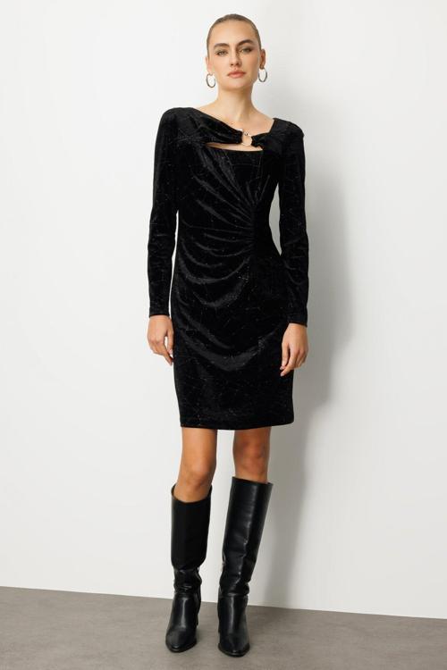 Kadın Önü Büzgülü Kadife Elbise 4035 Siyah