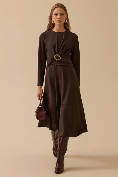 Kadın Tokalı Bel Detaylı Midi Elbise 0009 Kahverengi