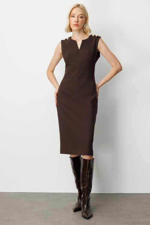 Kadın Süs Düğme Detaylı Kolsuz Elbise 4015 Kahverengi