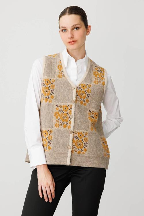Kadın Pıtırcık Çiçekli Patchwork Keçe Yün Yelek 24084 Bej-Hardal