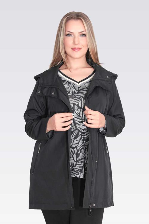 Kadın Demonte Kapüşon Devrik Yaka Rahat Kesim Trençkot 60131 Siyah