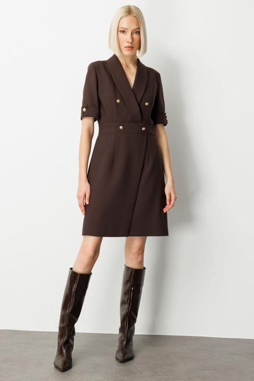 Kadın Kruvaze Yaka Süs Düğmeli Elbise 4017 Kahverengi