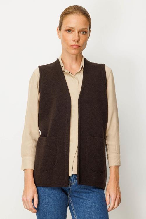 Kadın V Yaka Çelik Örgü Yün Anne Yelek 25044 Koyu Kahve