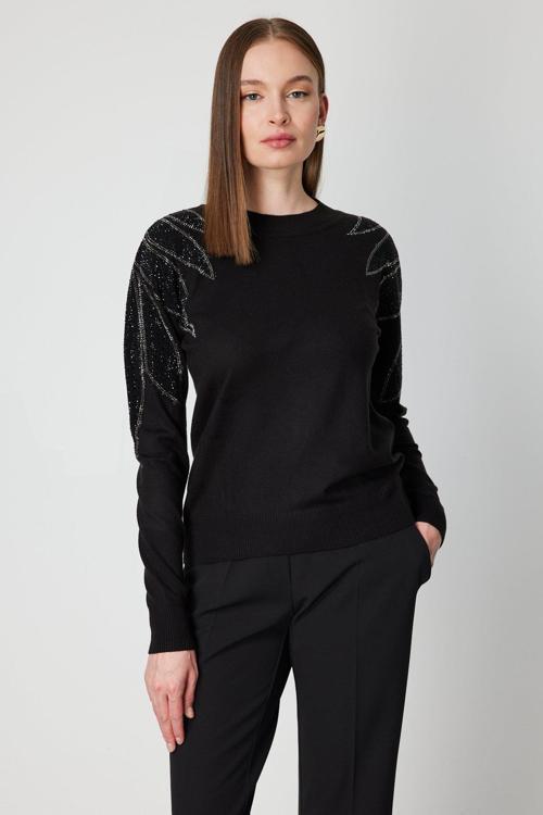 Kadın Omuzları Taş İşlemeli Triko Kazak 66344 Siyah-Siyah